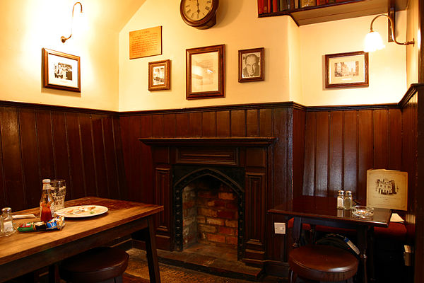 A corner of The Eagle and Child pub, formerly the landlord's sitting-room where Lewis' friends, including Inklings members, informally gathered on Tuesday mornings.  There is a small display of memorabilia.