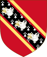 Arms of Edgcumbe, Earls of Mount Edgcumbe: Gules, on a bend ermines cotised or three boar's heads couped argent