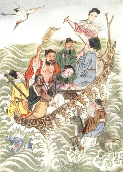 The Eight Immortals crossing the sea, from Myths and Legends of China. Clockwise in the boat starting from the stern: He Xian'gu, Han Xiang Zi, Lan Ca