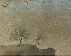 Detail showing distant hillside landscape in the left-hand corner. The nail holes are visible here in the skyline, and extend across the top of the painting. Note the layer of dirt across the midground and the black spot to the right of the second tree. Entombment Bouts detail Landscape.jpg