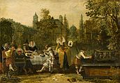 Merry Company in a Park label QS:Len,"Merry Company in a Park" label QS:Lpl,"Wesołe towarzystwo w parku" label QS:Lnl,"Vrolijk gezelschap in een park" 1614. oil on panelmedium QS:P186,Q296955;P186,Q106857709,P518,Q861259. 28.5 × 40 cm (11.2 × 15.7 in). The Hague, Royal Picture Gallery Mauritshuis.