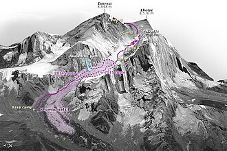 The location of the fatal ice avalanche on the 2014 route, and the revised 2015 route through the Khumbu Everest3d qbd 2014116.jpg