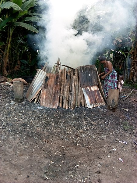 Firing is the most crucial and last stage of pottery production, it determines the success of the art. Every potter is very anxious and expectant about this stage, there is general suspense hoping for the best to happen. Firing is done some few distance from the house, large pieces of bamboo are gather together and the objects are arranged in other of sizes from the biggest to the smallest leaving spaces between them. Firing is done in the evening and before the fire is set different pieces and sizes of zincs are arranged orderly as to conserve the heat so that the objects can be well heated. They are left in the fire for about 4 - 6 hours.