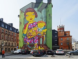 Gaveln med Os Gêmeos muralmålning.