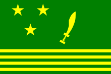 A rectangular flag with a green background, three horizontal yellow stripes across the bottom, three yellow stars forming a triangle on the top left, and a yellow sword on the top right.