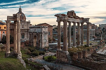 The Roman Forum in Rome, Italy, the political, economic, cultural and religious center of the Ancient Rome civilization, during the Republic and later Empire, its ruins still visible today in modern-day Rome.