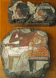 Couple assis. Fragments de peinture murale. Thèbes-ouest, Nouvel Empire, XVIIIe dynastie, v. 1420-1380 AEC