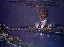 The bombardment of Frankfurt in 1796 by the French under Kleber, colored aquatint after Georg Schütz
