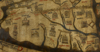 Detalle do mapa de Hereford. O nome de Galicia e substituído neste mapa polo de Compostii. Represéntanse no seu interior o faro da coruña e a catedral de santiago. Ano 1290