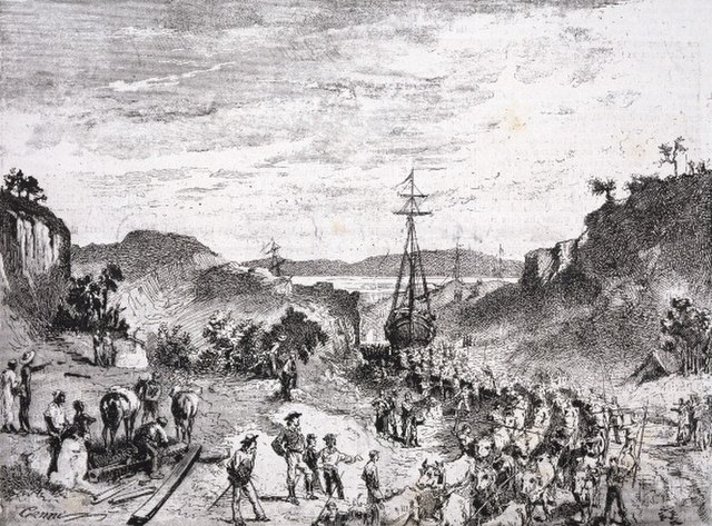 Garibaldi and his men carrying boats from Lagoa dos Patos to Tramandahy lake during the war in Rio Grande do Sul