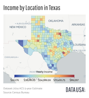 A geomap depicting income by county as of 2014 Geo Map of Income by Location in Texas (2014).png