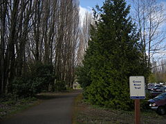 Trail sign behind the Boeing offices on Tukwila International Boulevard. This is looking north ("downstream").