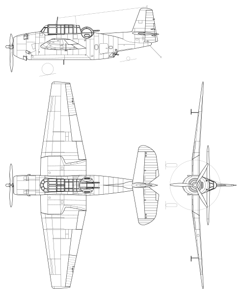 File:Grumman TBF Avenger 3-view line drawing.svg
