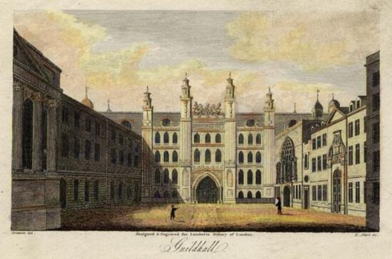 The Guildhall complex in c. 1805. The buildings on the left and right have not survived.