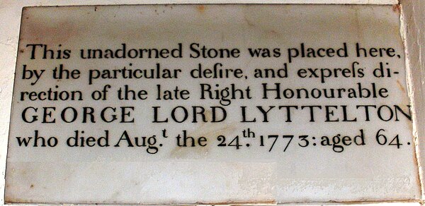 The plain memorial to Lord Lyttelton in St John the Baptist Church, Hagley