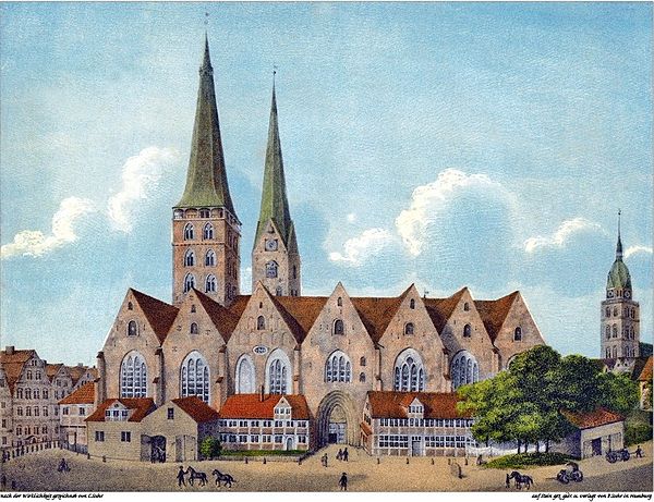 St. Mary's Cathedral in 1800, seen from south against the towers of St. Peter (centre) and St. James (right).