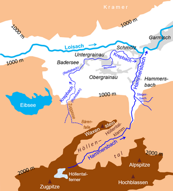 Hammersbach mit Höllental, Höllentalklamm nördlich der Alpspitze oberhalb Hammersbach (Ortsteil von Grainau) (Karte)