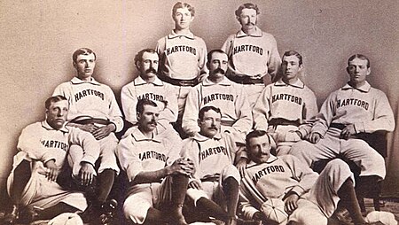 Back row: Tommy Bond, Candy Cummings
Middle row: Tom Carey, Everett Mills, Bob Ferguson, Bill Harbridge, Tom York
Front row: Dick Higham, Jack Burdock, Jack Remsen, Doug Allison Hartford Dark Blues 1876.jpg