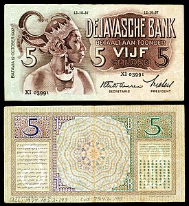 5 Gulden paper currency issued by De Javasche Bank in 1937, with multilingual forgery warnings, including one in Javanese language and script