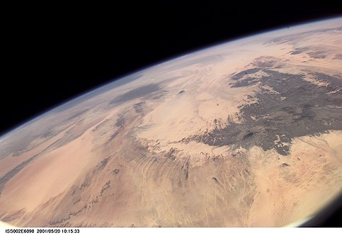 A view from West (Niger), Tchigaï Plateau, Rebiana Sand Sea. In left side: Murzuq Desert