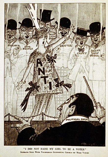 Satirical political cartoon that appeared in Puck magazine, October 9, 1915. Caption "I did not raise my girl to be a voter" parodies the anti-World War I song "I Didn't Raise My Boy To Be A Soldier". A chorus of disreputable men support a lone anti-suffrage woman.