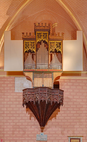 Pipe organ of the gotic church of San Pedro de los Francos, located in Calatayud, Aragon, Spain. The original temple was founded in the 12th century by order of Alfonso I, "The Battler" to offer the french people who helped him in the Battle of Cutanda (1120) against the Almoravids and stayed definitely in Calatayud a place to pray, but the current church was built 2 centuries later. The organ, which almudejar wooden base dates from end of the 15th century, was built in Calatayud and was supposedly work of Miguel de Monreal.