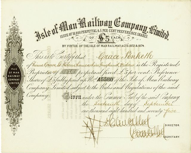 Share certificate of the Isle of Man Railway Company Ltd, issued 16 September 1875