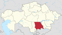 मानचित्र जिसमें झ़ामबिल​ प्रांत Жамбыл облысы पाव्लोदार ओब्लिसी हाइलाइटेड है