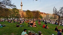 During the warmer months, parks in Germany are popular locations for alcohol consumption. James-Simon-Park, in spring 2018.jpg