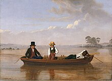 Двое мужчин, один дремлет, и мальчик ловит рыбу с лодки на легкую снасть.