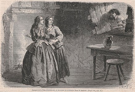 Jeannot et la Bête assiègent la loge de la Mare où se sont barricadées Mademoiselle de Barjac et Marion, fille du garde général Fargeot. Journal pour tous, no 149, 6 février 1858.