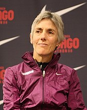 Joan Benoit won gold in the first ever women's Olympic marathon during the 1984 games. Joan Benoit 2008.jpg