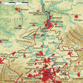 Mapa fizyczna Kotliny Neckar, obszar naturalny nr 123 (zaznaczony na brązowo)