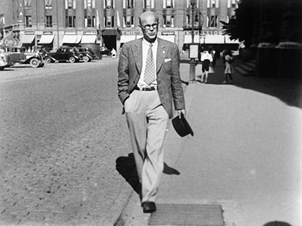 Young lawyer Kekkonen walking near Ateneum, Helsinki, in the early 1930s