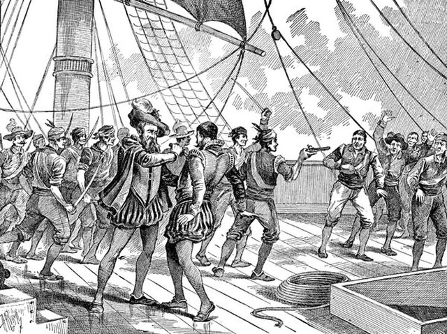 Artist's depiction of the fatal stabbing of captain Luis Mendoza, one of the architects of the attempted mutiny at Saint Julian.