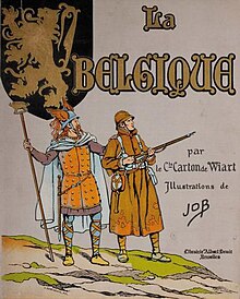 Couverture illustrée de son livre historique sur la Belgique en 1928, illustré par JOB.