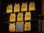 Lakers retired jerseys hanging inside the Staples Center, January 2013 Lakers vs Nuggets 2013-01-06 (15).jpg