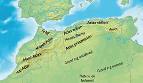 Carte de l'Atlas montrant l'Atlas saharien au centre.
