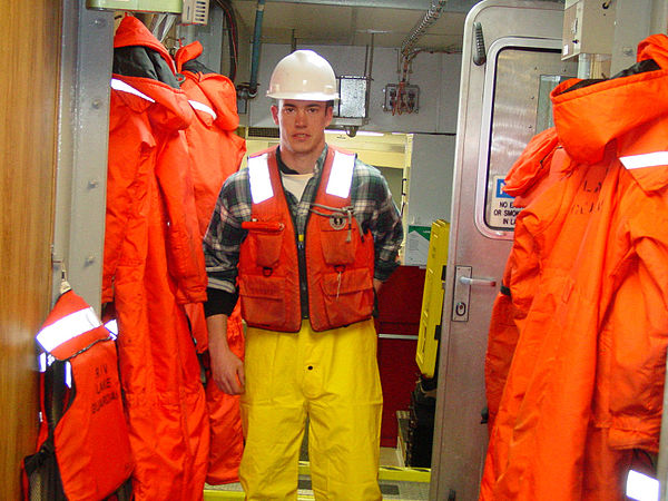 Demonstration of wearing a life vest for safety especially during on abandon ship.