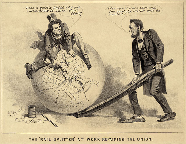 A political cartoon of Andrew Johnson and Abraham Lincoln, 1865, entitled "The Rail Splitter At Work Repairing the Union". The caption reads (Johnson)