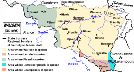 A linguistic map of the original languages in Wallonia, now largely replaced by standard Belgian French