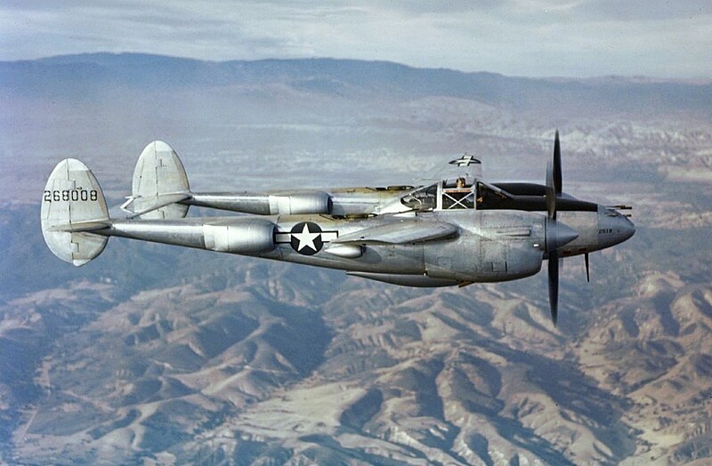File:Lockheed P-38J Lightning in flight over California, circa in 1944.jpg