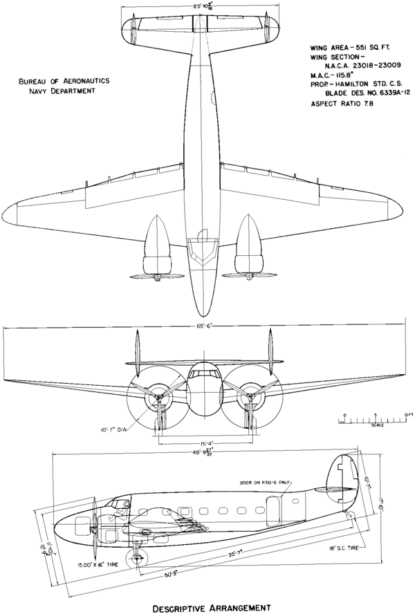 3-view line drawing of the Lockheed R5O-3 Lodestar