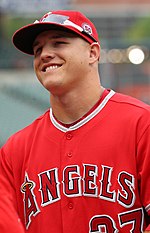 Mike Trout (AL) won the award in 2014 and 2015. Los Angeles Angels center fielder Mike Trout (27) (5971760364).jpg