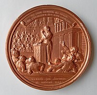 Médaille François GUIZOT (1787-1874). Graveur Jean-Jacques FEUCHERE (1807-1852), cuivre, Ø 100 mm, poids 522 g, 1844. Verso. À François Pierre Guillaume Guizot, ses amis et ses admirateurs, On peut épuiser ma force, on n'épuisera pas mon courage, Chambre des députés 26 janvier 1844.