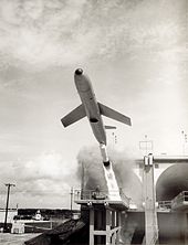 A MGM-13 MACE B missile launches from silo. The Okinawa-based 873d Tactical Missile Squadron may have received orders to launch Mace missiles against Sino-Soviet targets during the Cuban Missile Crisis. MACE B.jpg