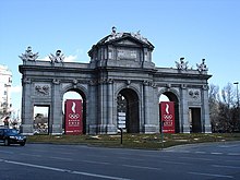 Banners of Madrid's bid for the 2012 Olympics in Puerta de Alcala. Madrid 2012 - Puerta de Alcala.jpg