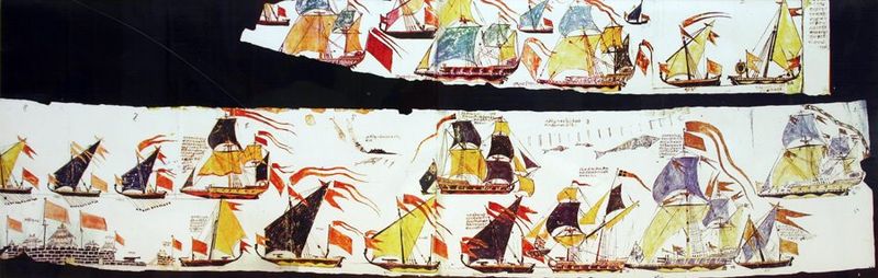 A painted scroll depicting different types of ships of the Marathan Navy including some captured English ships. Maratha ships scroll.jpg