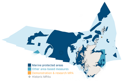 A map showing the location of Marine Protected Areas in Scottish waters as of December 2020. Marine Protected Areas Scotland 2021.png