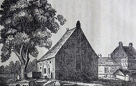 Mauchline Kirk as it appeared at the time of Gavin Hamilton with his house and the tower in the background. Mauchline Kirk in 1820. From 'A Pilgrimage to the Land of Burns'.jpg